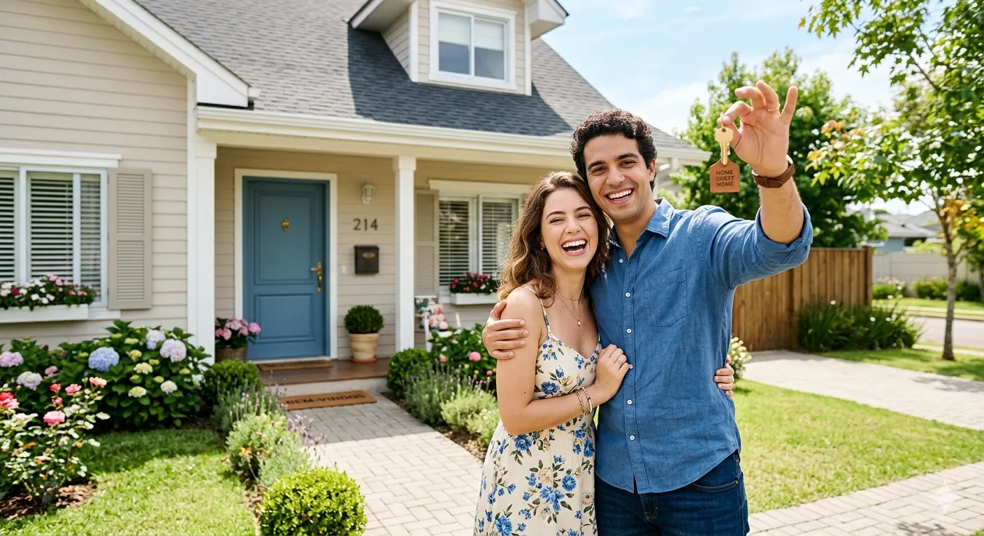 Casal feliz em frente à própria casa